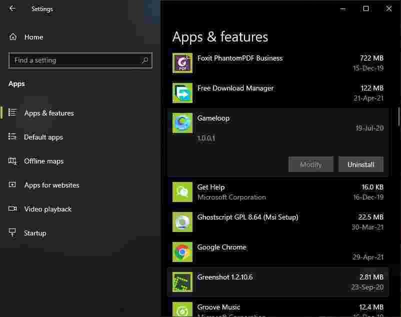 Gameloop uninstall from Windows settings